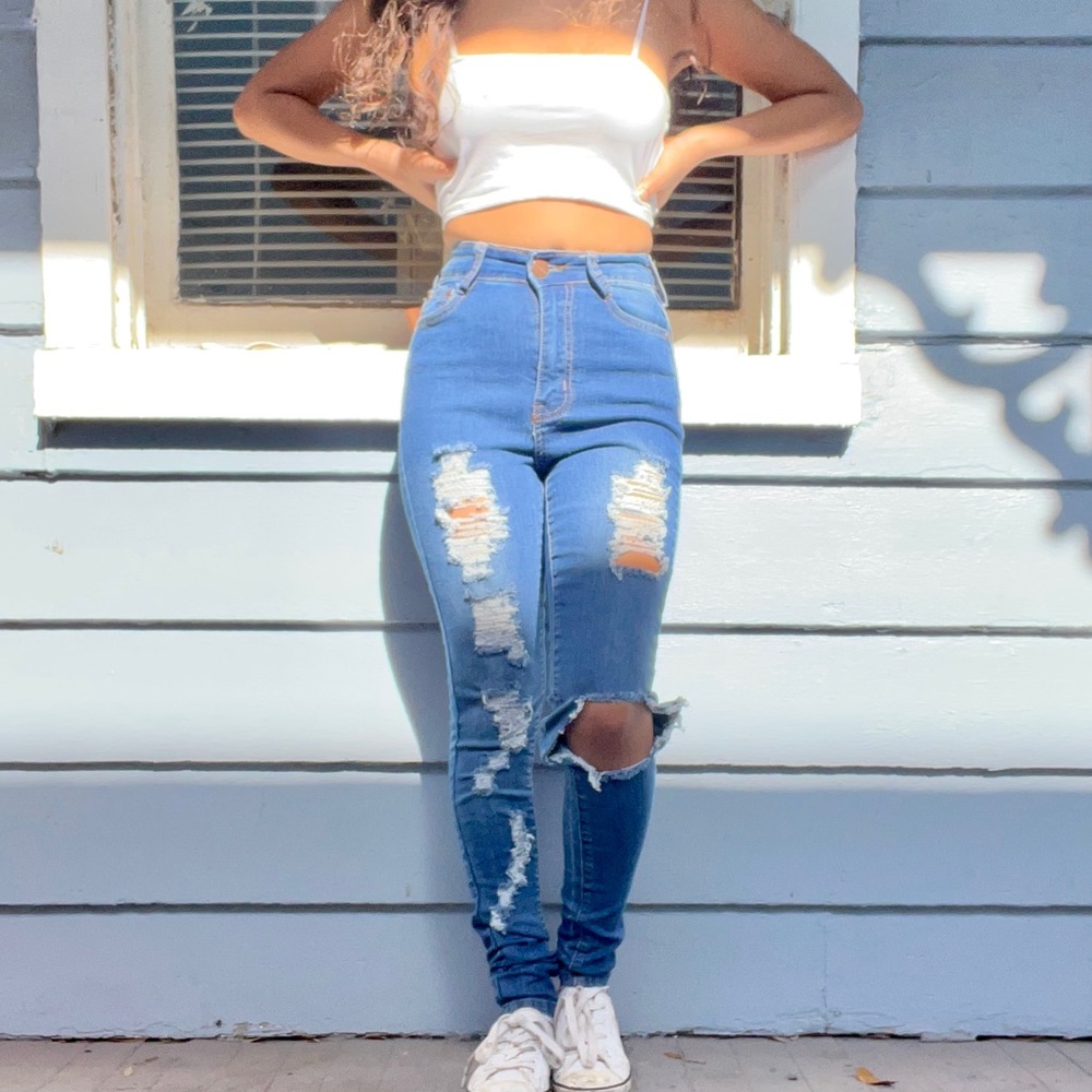 High Rise Dark Wash Distressed Skinny Jeans